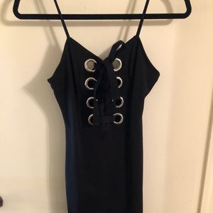 Black tank top dress, tie front.